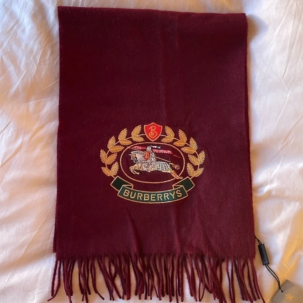 Nwt BURBERRY Classic Cashmere Scarf Embroidered Archive Logo In Burgundy UNISEX​